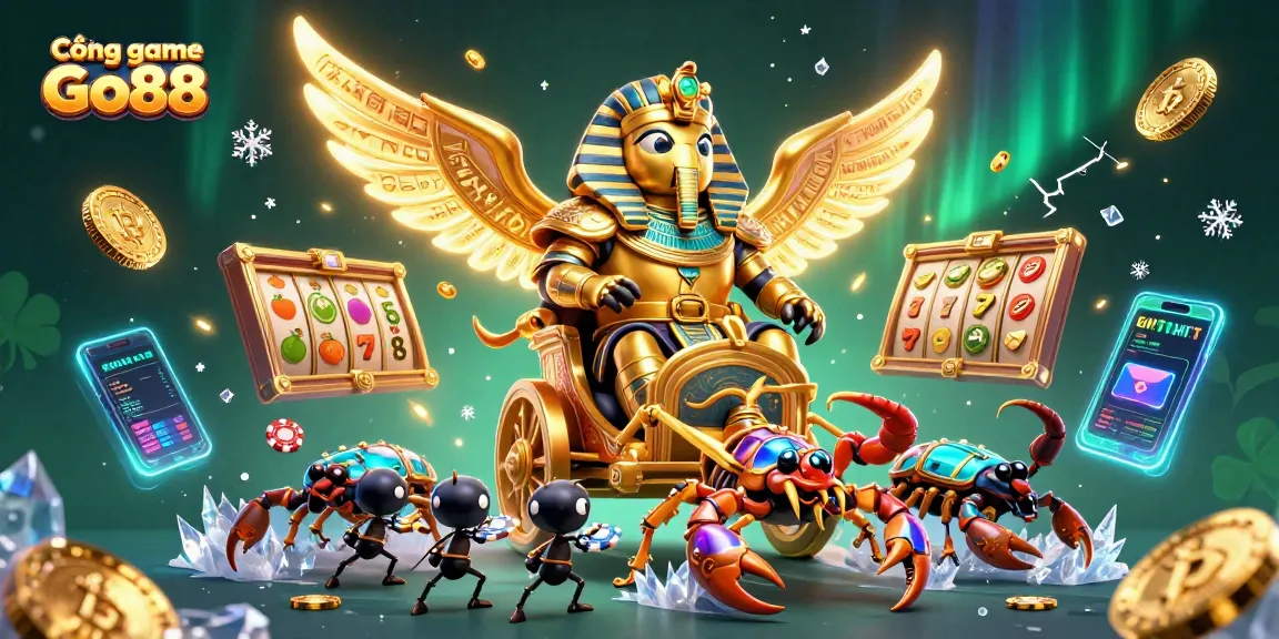 Cổng game Go88 offers a vibrant 3D illustration showcasing a golden scarab beetle, scorpions, and poker chips in an adventurous casino theme.