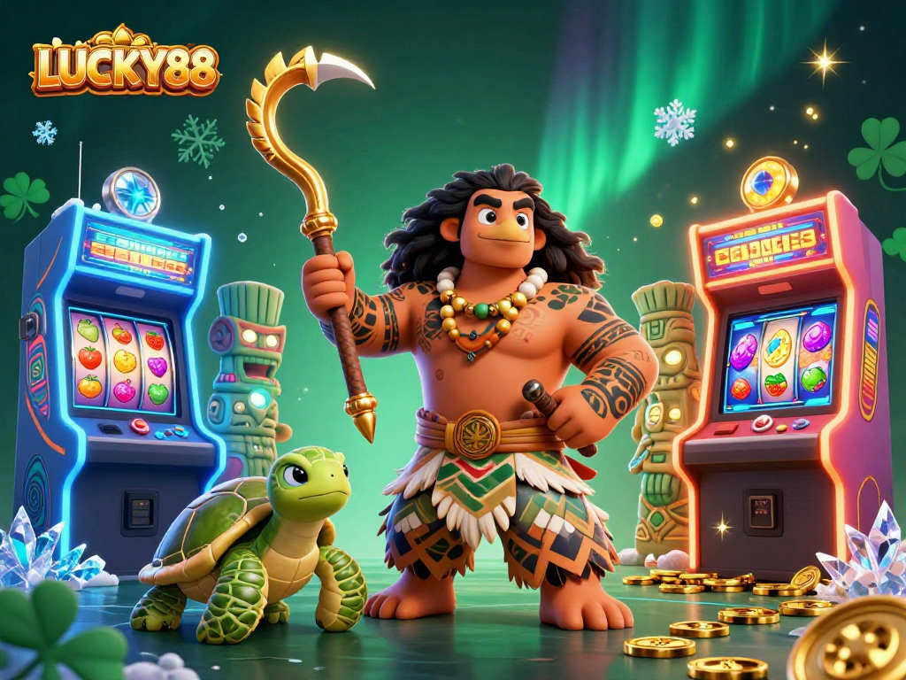 LUCKY88 demigod character engaging with colorful casino elements in a vibrant gaming illustration.