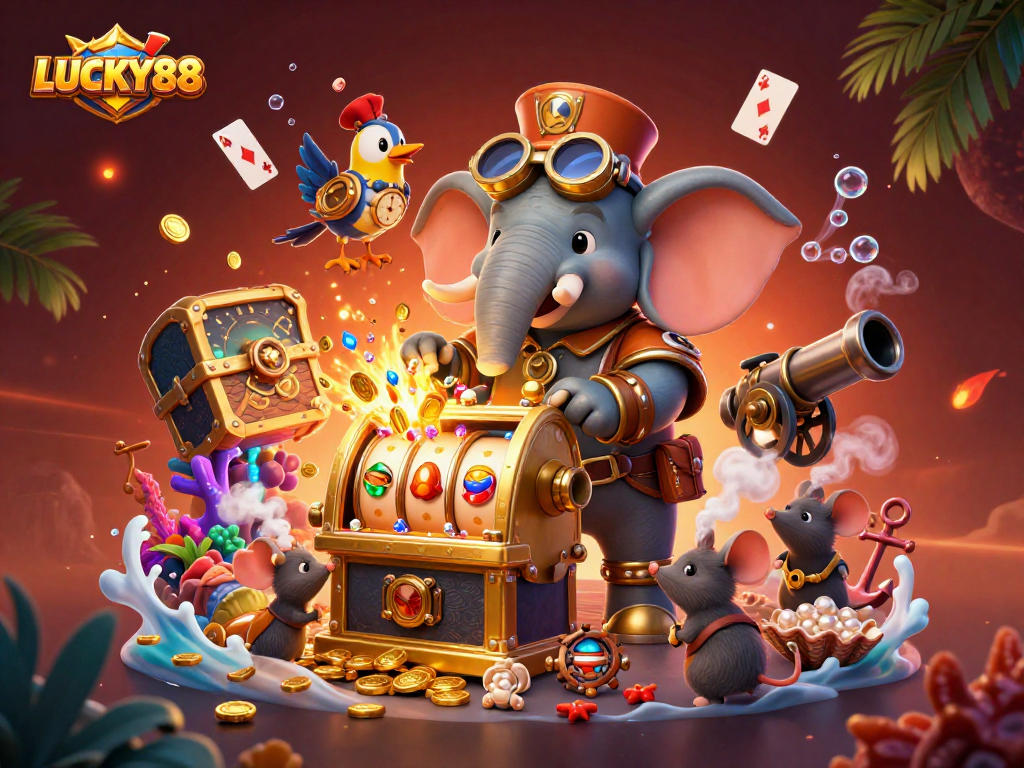 LUCKY88 casino adventure with a steampunk elephant and treasure amid vivid gaming elements