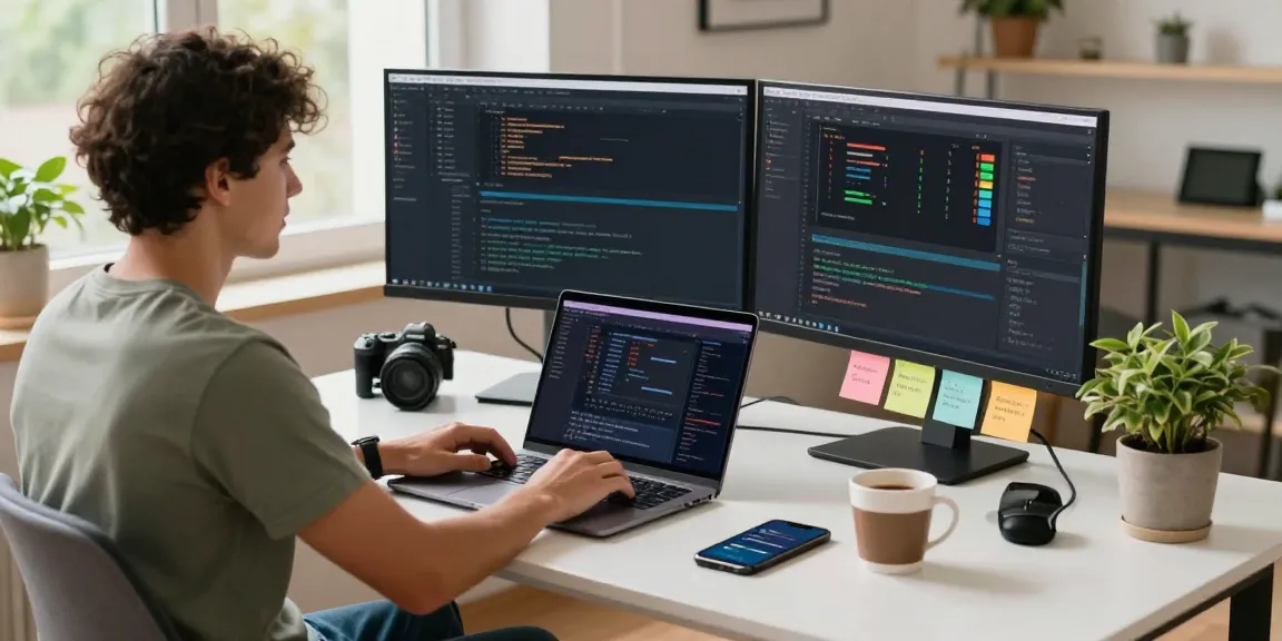WPS Download and installation in a productive home office setup with dual monitors and coding interface.