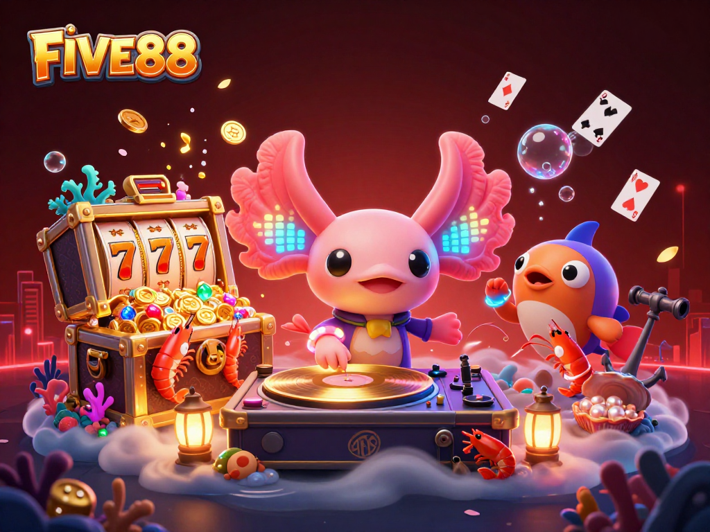 Spin for wins at FIVE88 with vibrant underwater casino scene featuring a neon axolotl DJ.