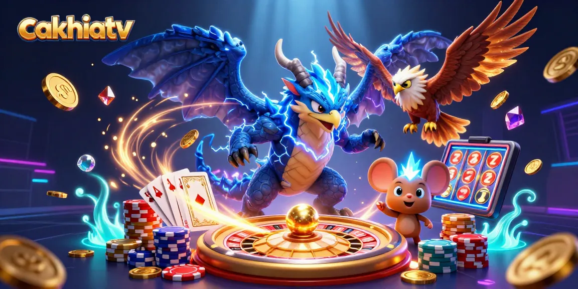Cakhiatv showcases vibrant casino action with dragon and hawk amidst cascading coins and cards.