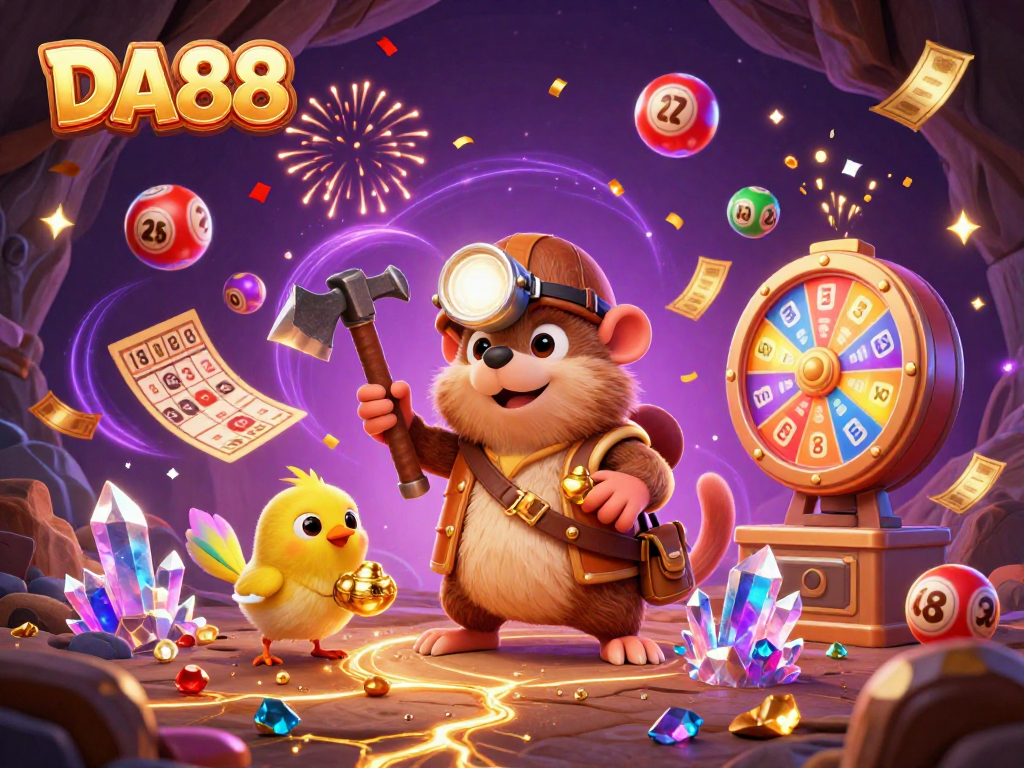 Engage with exciting games at DA88, featuring vibrant lottery elements and animated characters.
