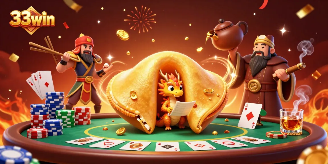 Join the fun at 33win with this vibrant casino scene featuring fortune, dragons, and poker elements.