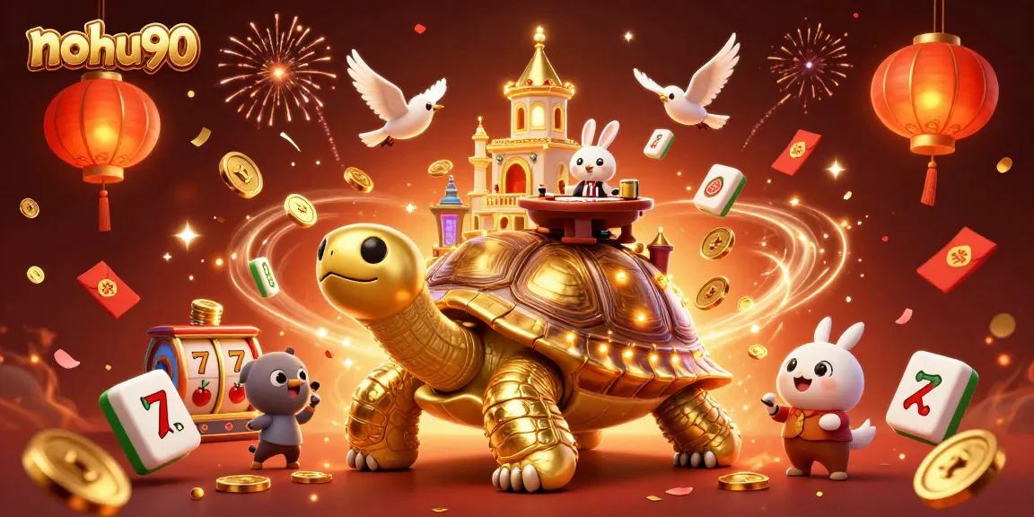 Nohu90 players engaging with exciting slot machines around a golden tortoise casino.