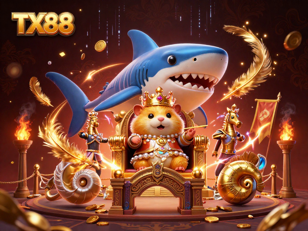 Experience excitement at TX88 with a golden hamster king amidst vibrant casino elements.