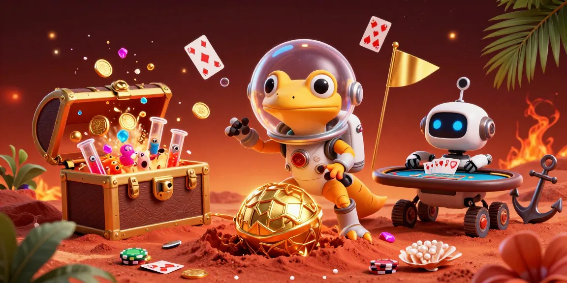 Engage with GK88bet's vibrant casino scene featuring a Martian gecko and exciting poker elements.