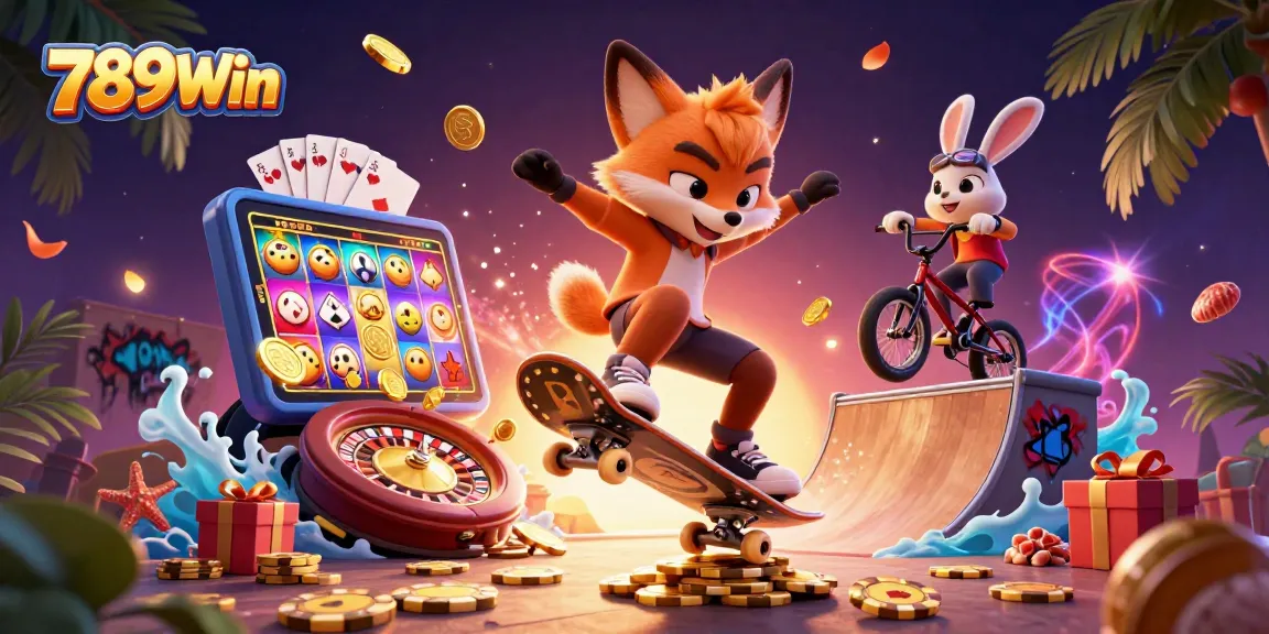 Engage with 789Win as a cartoon fox performs a kickflip over poker chips with vibrant gambling elements surrounding them.