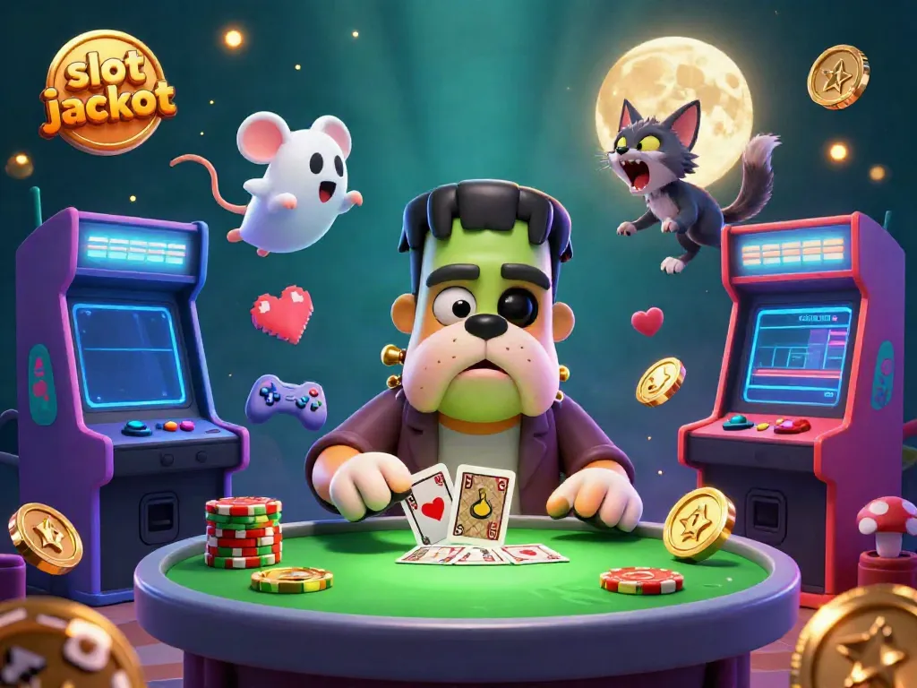 Engage with slot jackpot excitement as a cartoon bulldog dealer shares cards at a vibrant casino table.