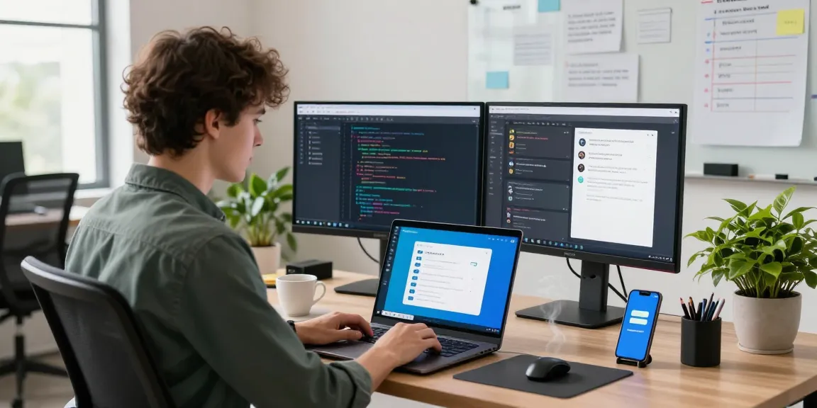 Productive workspace featuring Telegram web version on laptop with coding setup and modern office elements.
