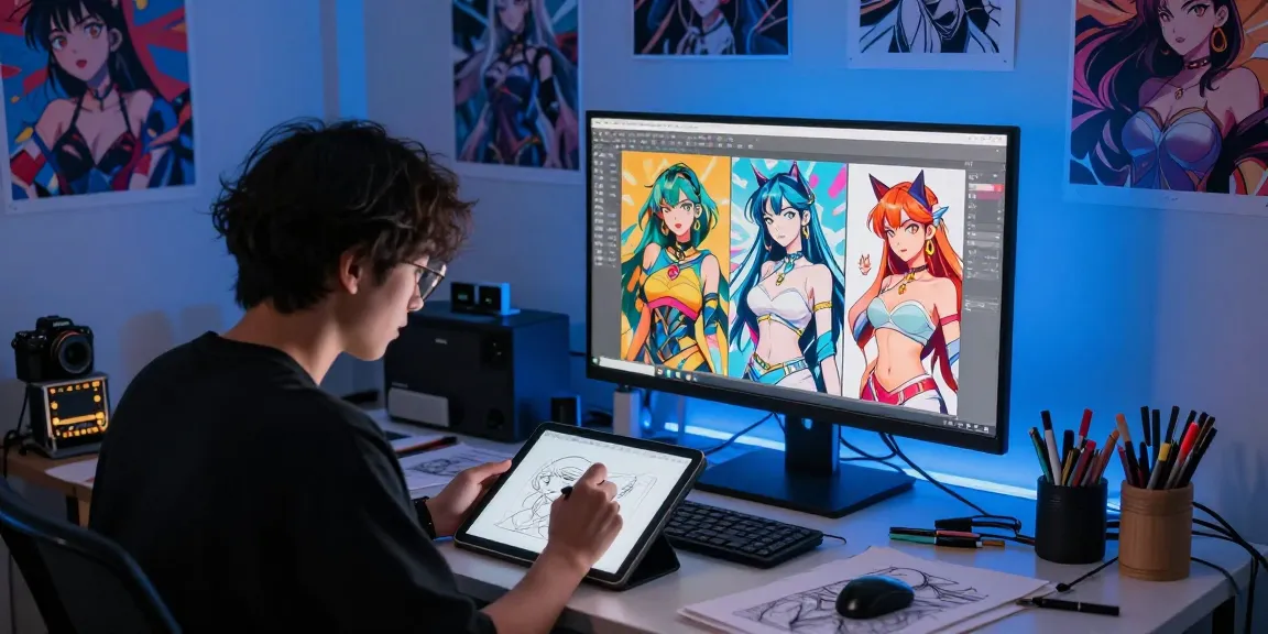 Artist creating AI hentai art in a dynamic digital studio setting with colorful visuals.