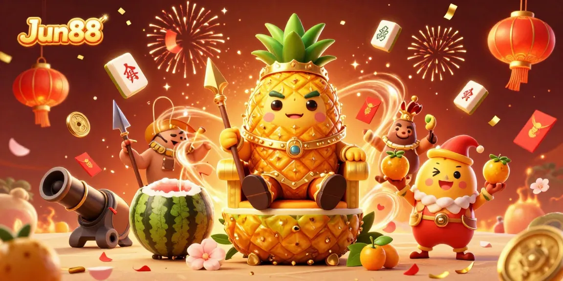 Engage in thrilling gameplay at Jun88 with a vibrant casino scene featuring a pineapple king and colorful elements.