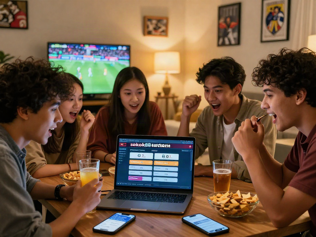 A lively group enjoying the rokok88 daftar betting site together, showcasing the excitement of online betting with friends.