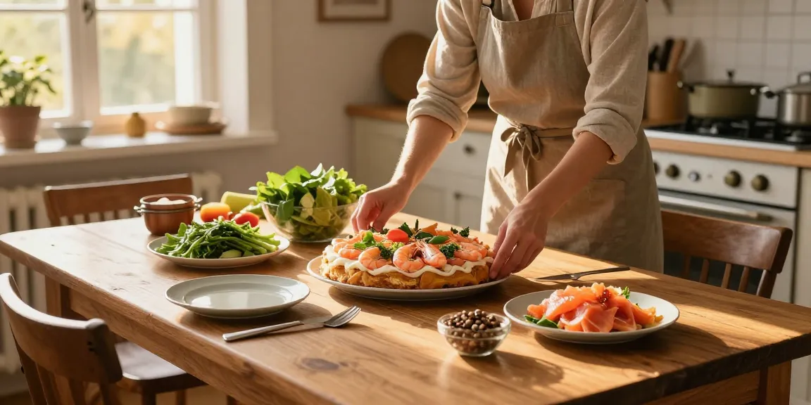 Recept smörgåstårta på en vacker middagstabletter med färska ingredienser.