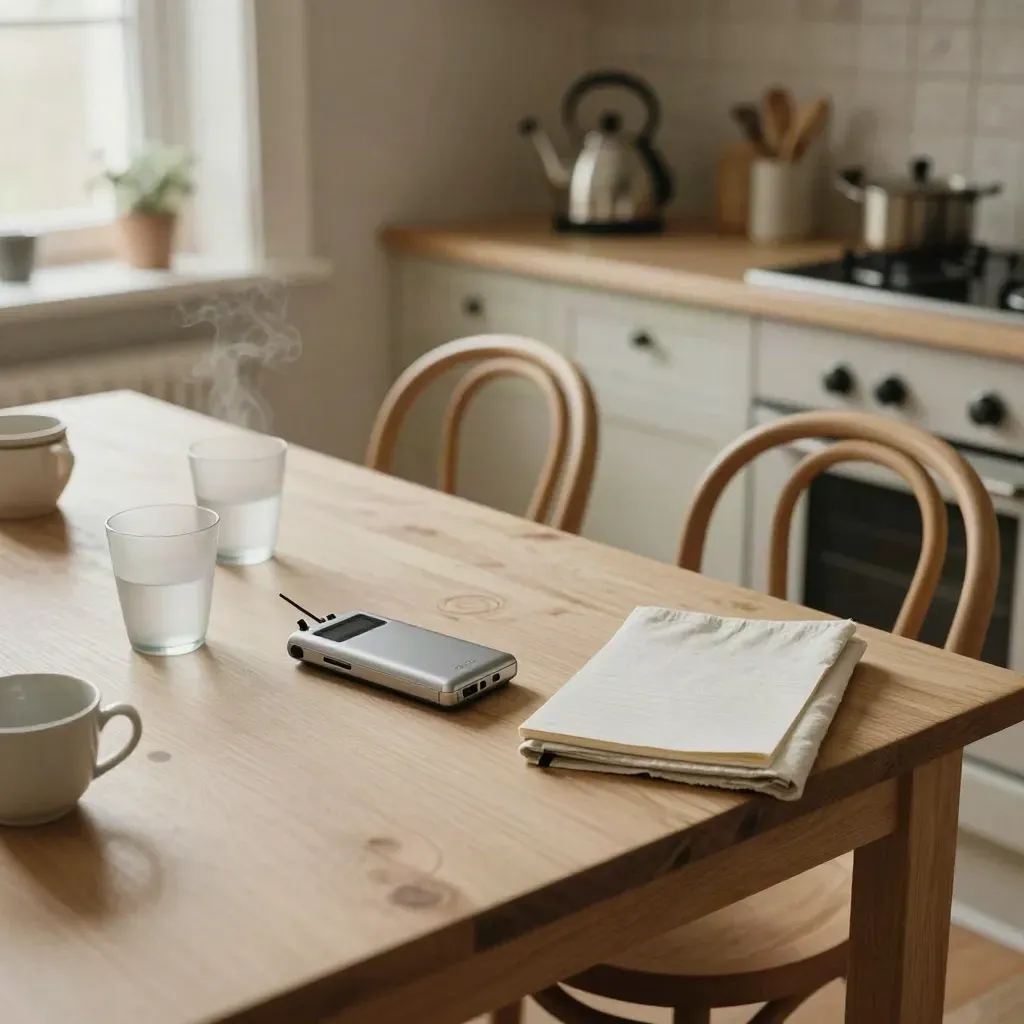 Köksbord efter intervju med tomma stolar, glas, bandspelare och ett nedlagt anteckningsblock.