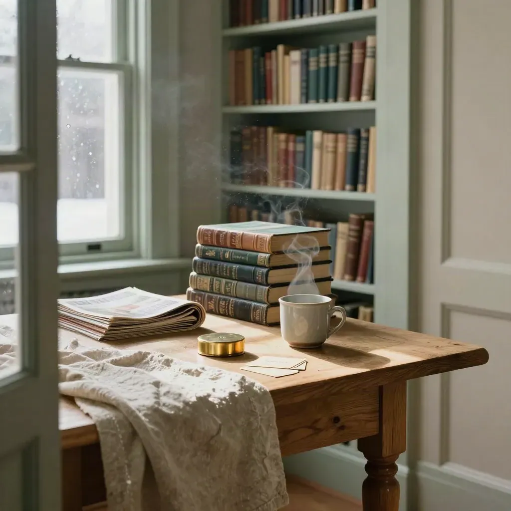 Essäböcker, magasin och en tekopp i ett vinterljust bibliotek med solstrimma.