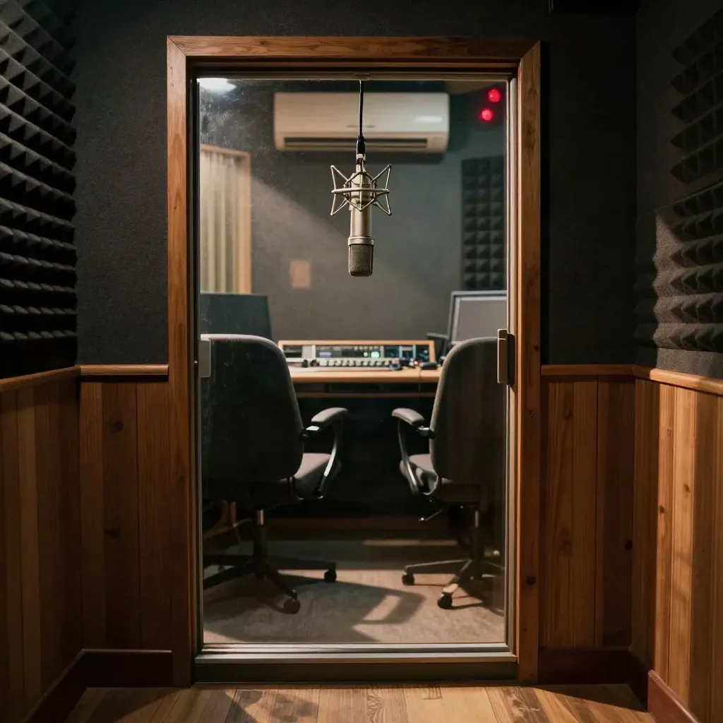 Tomma radiobåsen med mikrofonen mellan stolarna, varmt kvällsljus och tystnad bakom glas.