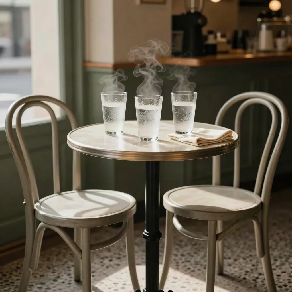 Tomt caféhörn med tre vattenglas och två stolar i mjukt dagsljus och ånga.
