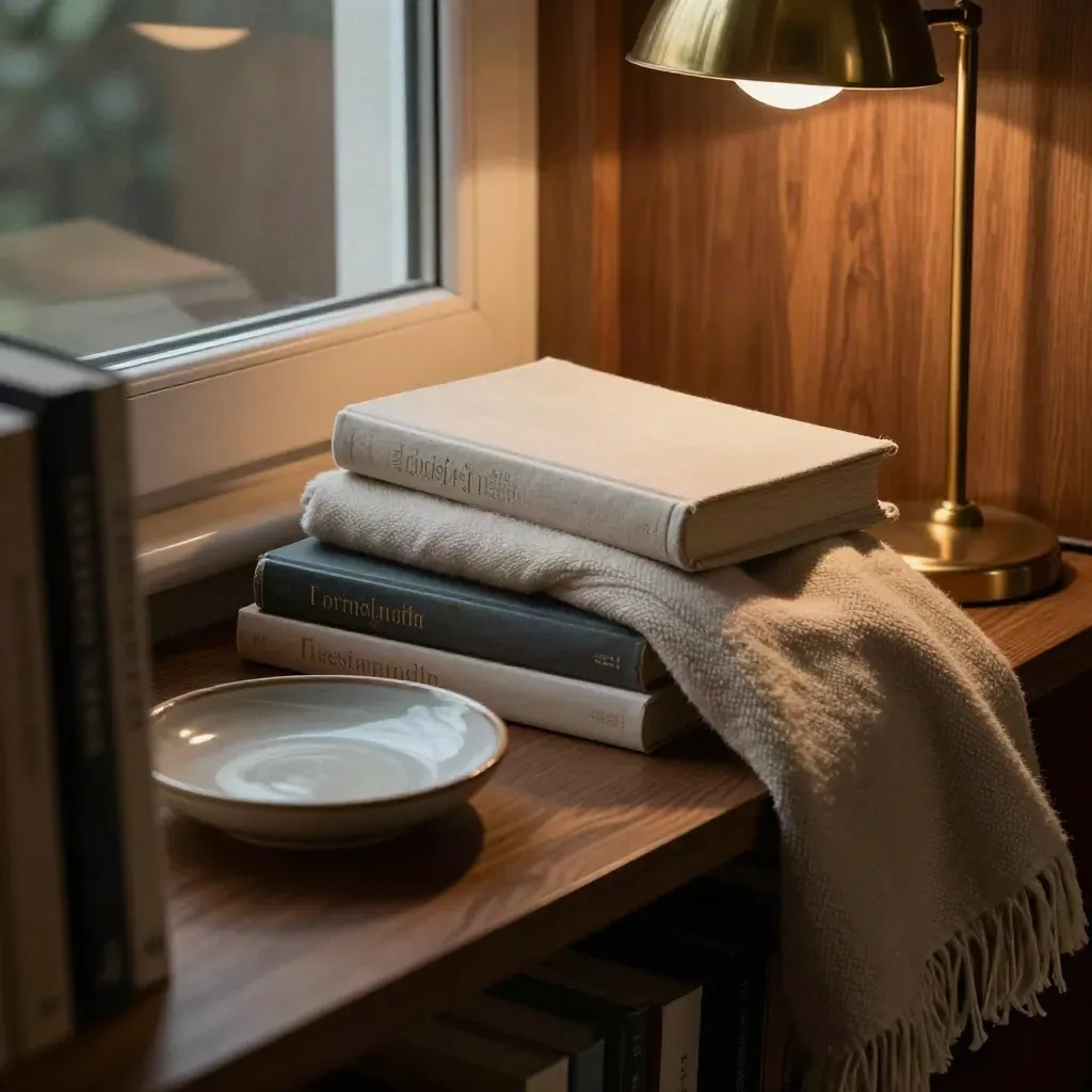 Läshörna i skymning med bokhög, filt och lampa som tar över ljuset.