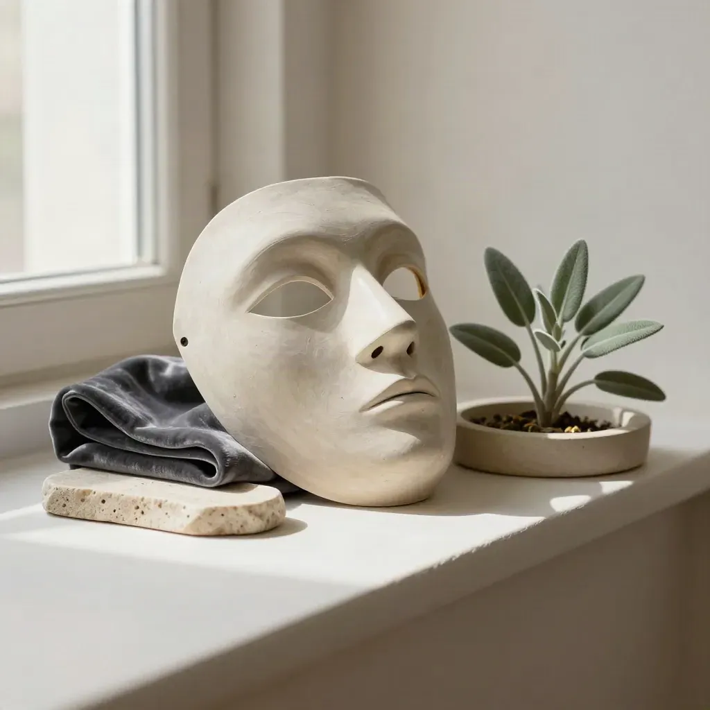 Kermask i keramik, vikt sammet, stenfat och liten planta i mjukt sidoljus.