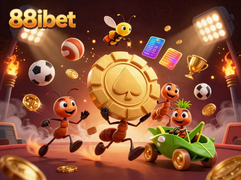 Experience thrilling gameplay with 88ibet as ants steal a giant poker chip in a vibrant casino scene.