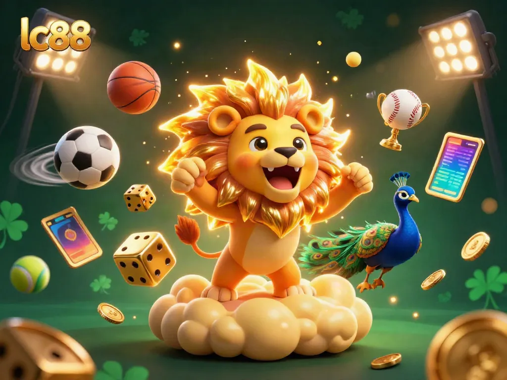 Experience the thrill of lc88 with a roaring lion and golden games in a vibrant casino scene.