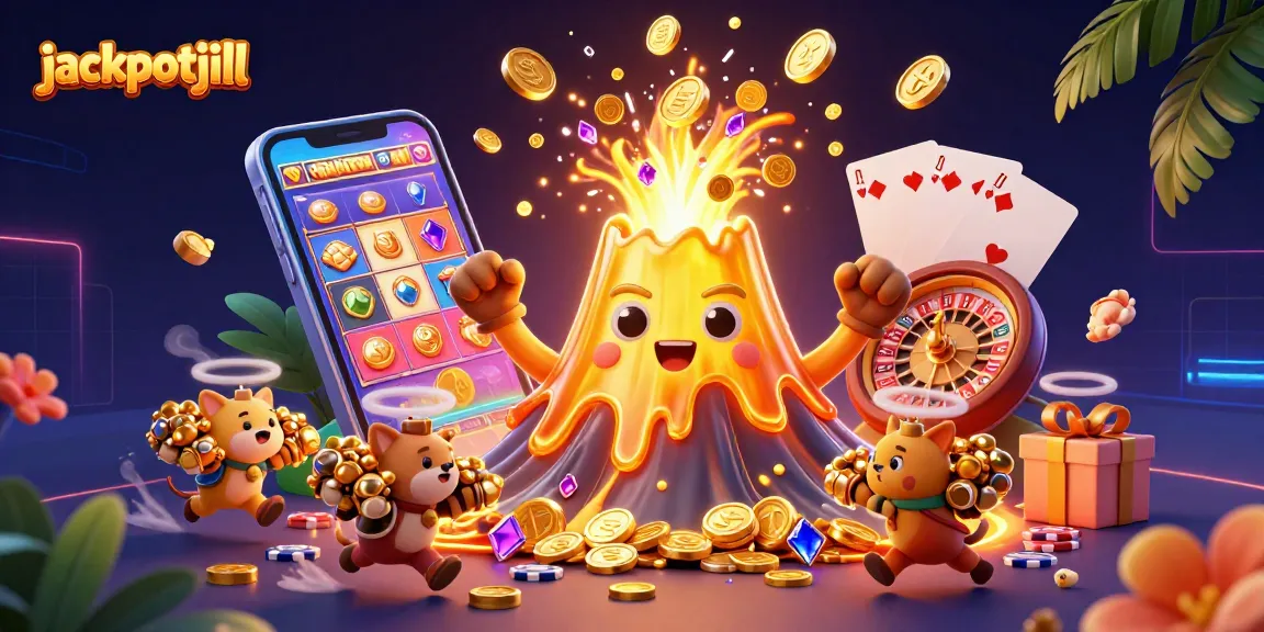Jackpotjill's vibrant 3D casino scene showcases excitement with golden volcanoes, treasure seekers, and gaming elements.