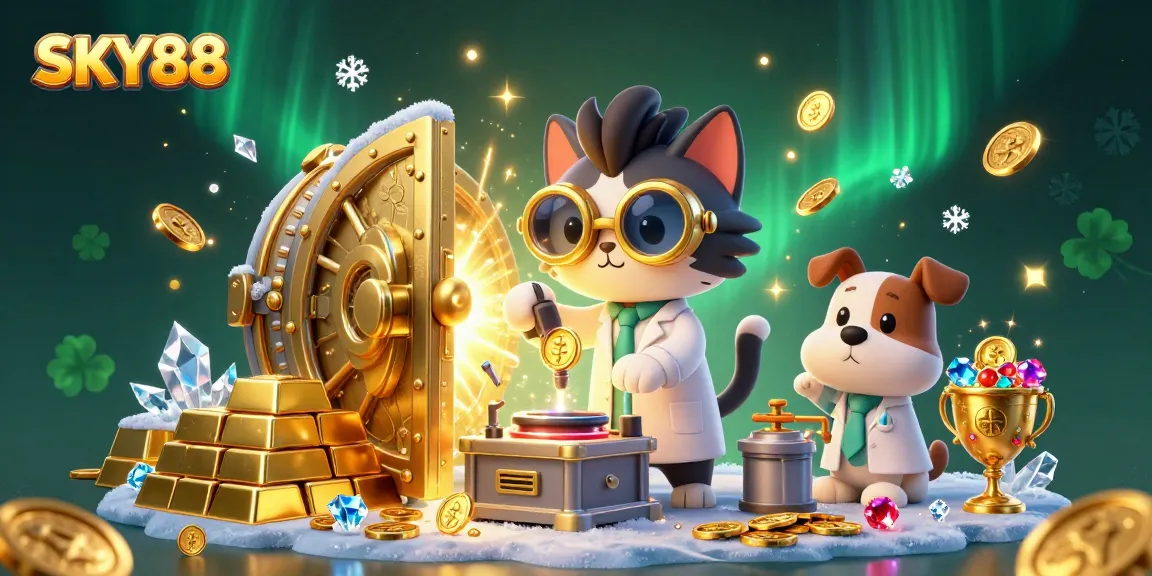 SKY88 engages players with a thrilling 3D scene of a scientist creating gold coins, filled with vibrant casino elements.