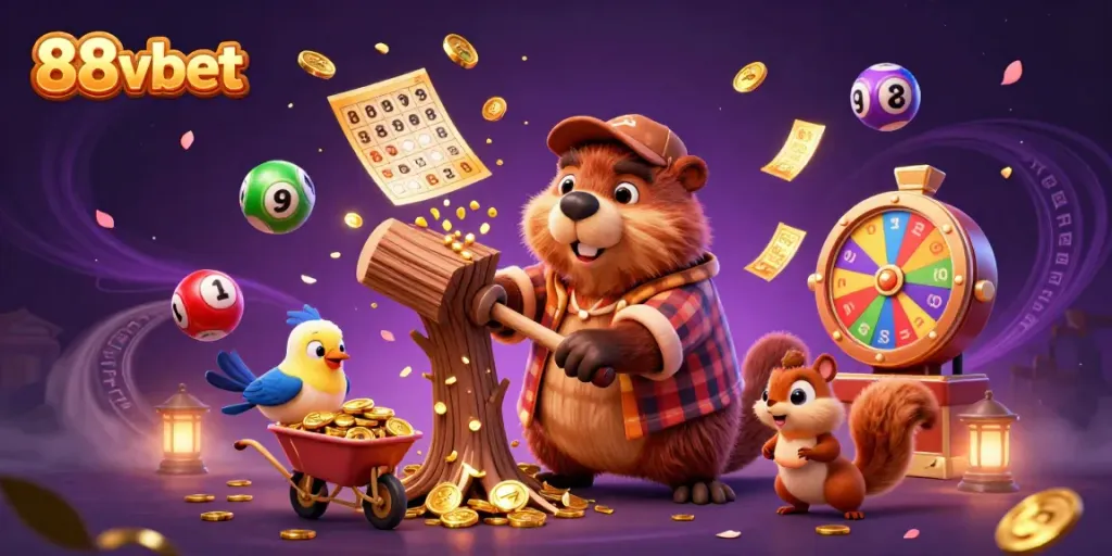 Collect golden coins and prizes at 88vbet with cartoon characters in a dynamic casino-themed scene.