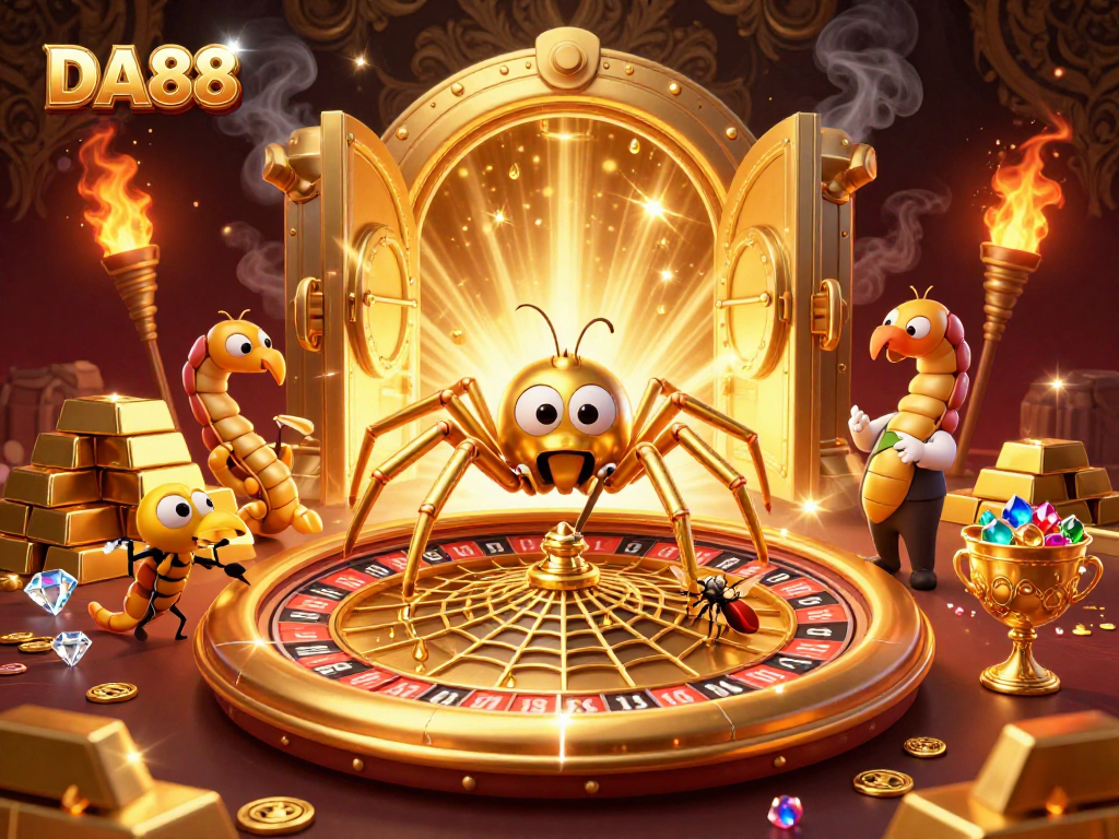 Bet on DA88 with a cartoon spider and centipede in a vibrant casino scene.