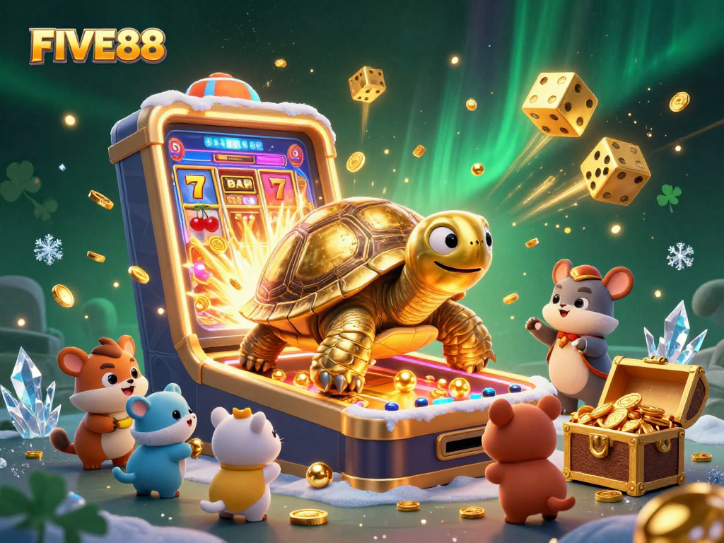 Experience the excitement at FIVE88 with a golden tortoise pinball machine and bursting jackpots.