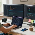 WPS Download and installation in a productive home office setup with dual monitors and coding interface.