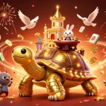 Nohu90 players engaging with exciting slot machines around a golden tortoise casino.
