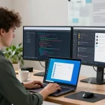 Productive workspace featuring Telegram web version on laptop with coding setup and modern office elements.