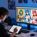Artist creating AI hentai art in a dynamic digital studio setting with colorful visuals.