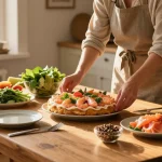 Recept smörgåstårta på en vacker middagstabletter med färska ingredienser.
